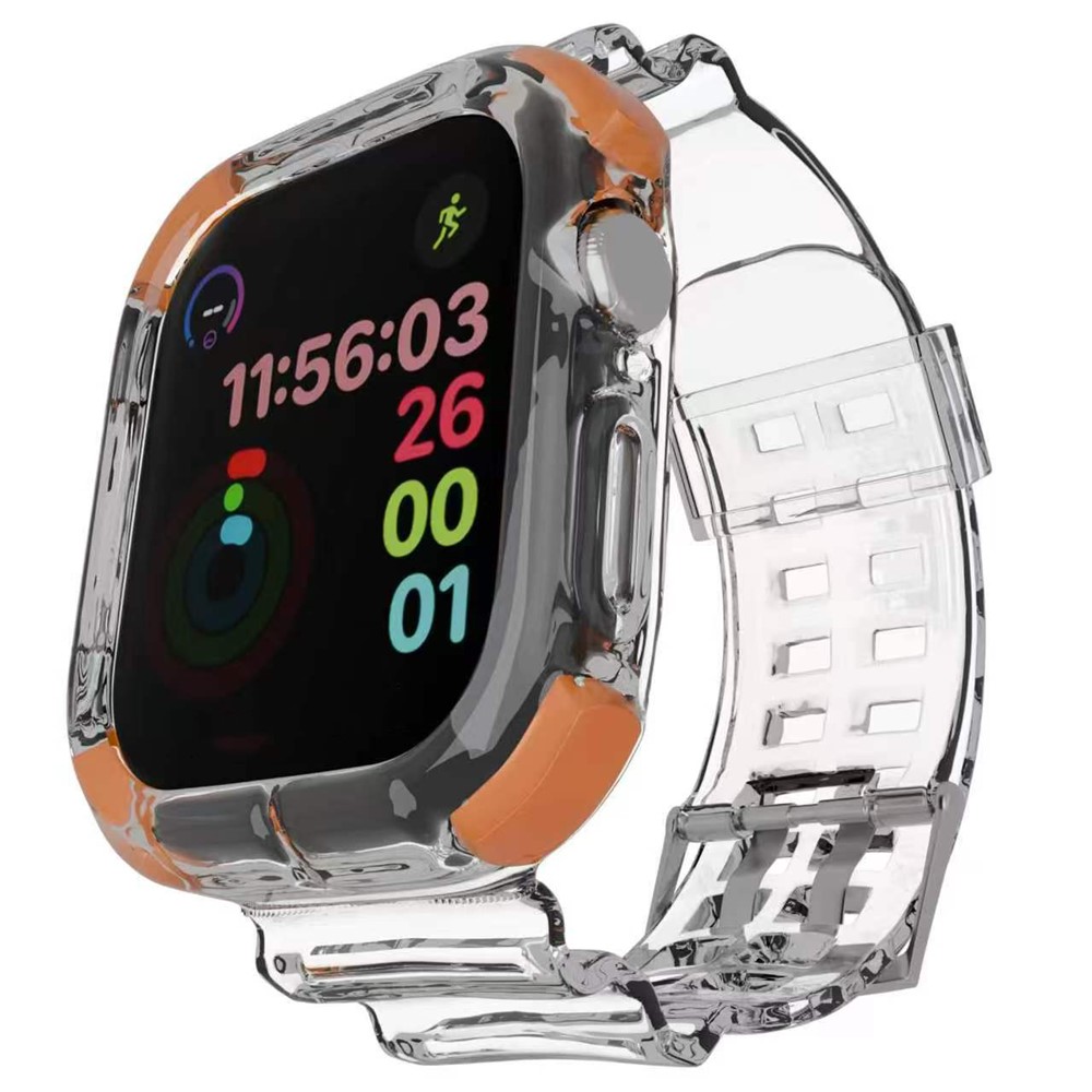 Strap for Apple Watch Ultra 3 2 1 49mm  /  Series 11 10 46mm  /  9 8 7 45mm  /  SE3 SE2 SE 6 5 4 44mm  /  3 2 1 42mm Shockproof Airbag Clear TPU Band with Integrated Watch Case - Transparent+Orange