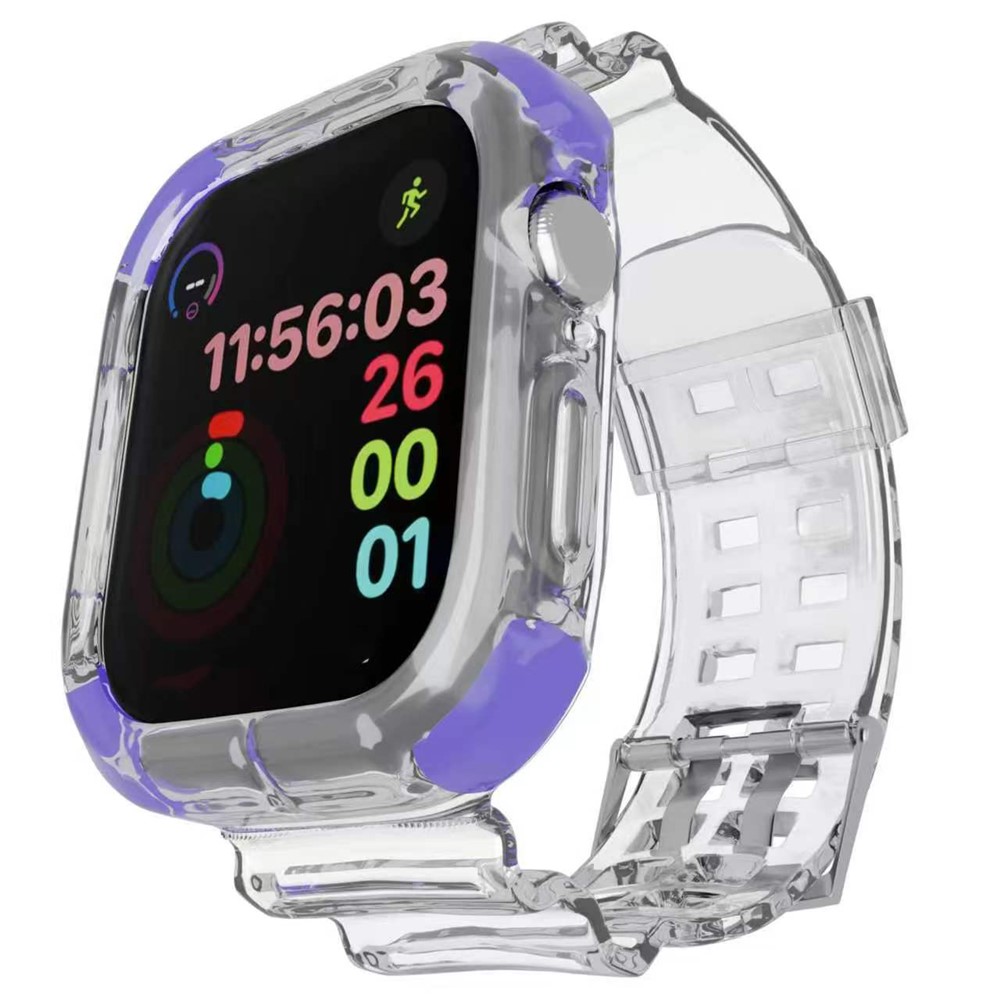 Strap for Apple Watch Series 11 10 42mm  /  9 8 7 41mm  /  SE3 SE2 SE 6 5 4 40mm  /  3 2 1 38mm Shockproof Airbag Clear TPU Band with Integrated Watch Case - Transparent+Purple