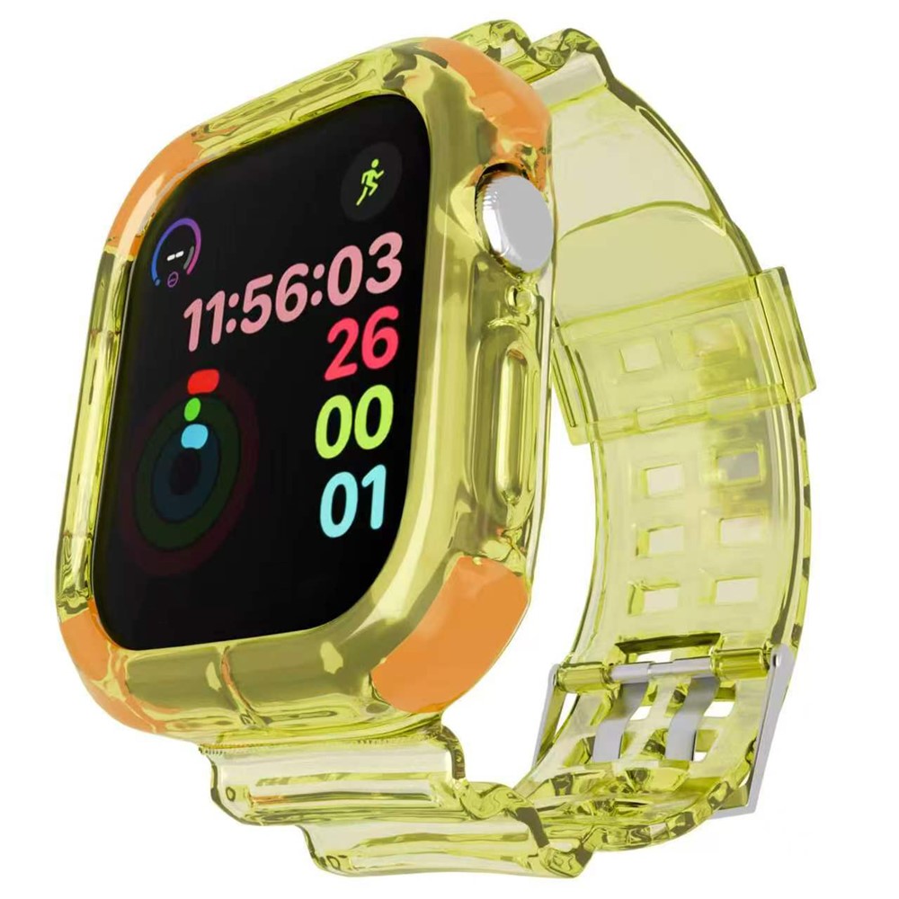 Strap for Apple Watch Series 11 10 42mm  /  9 8 7 41mm  /  SE3 SE2 SE 6 5 4 40mm  /  3 2 1 38mm Shockproof Airbag Clear TPU Band with Integrated Watch Case - Green+Orange