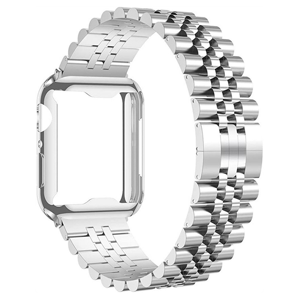 For Apple Watch Series 11 46mm  /  Series 10 46mm 7-Bead Stainless Steel Butterfly Clasp Strap with  TPU Full Cover Watch Case - Silver