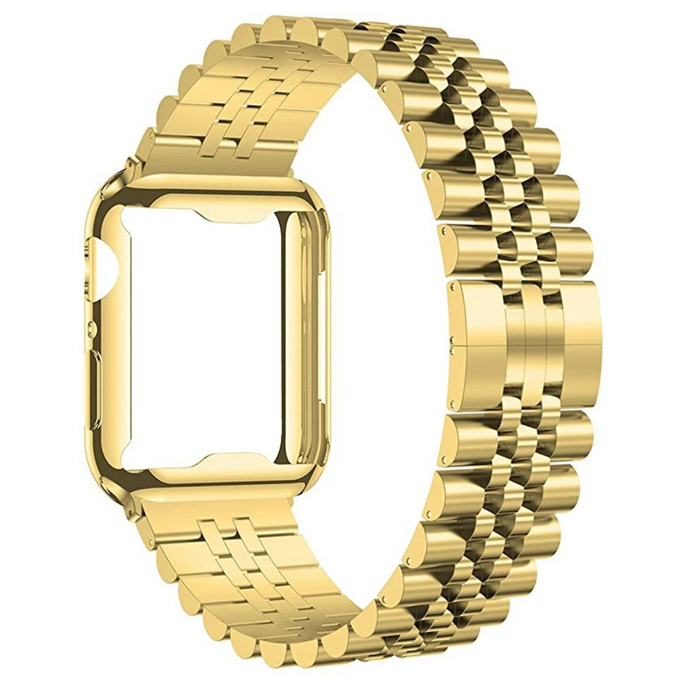 For Apple Watch Series 11 46mm  /  Series 10 46mm 7-Bead Stainless Steel Butterfly Clasp Strap with  TPU Full Cover Watch Case - Gold