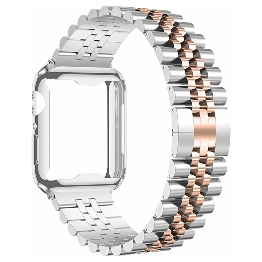 For Apple Watch Series 11 46mm  /  Series 10 46mm 7-Bead Stainless Steel Butterfly Clasp Strap with  TPU Full Cover Watch Case - Silver+Rose Gold