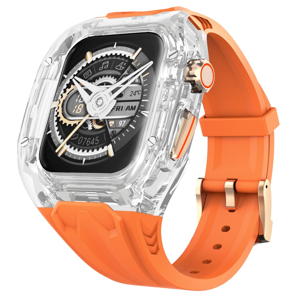 AHASTYLE WE28 Strap for Apple Watch Series 9 8 7 41mm  /  SE3 SE2 SE 6 5 4 40mm Silicone Band with Integrated Watch Case - Orange+Transparent White