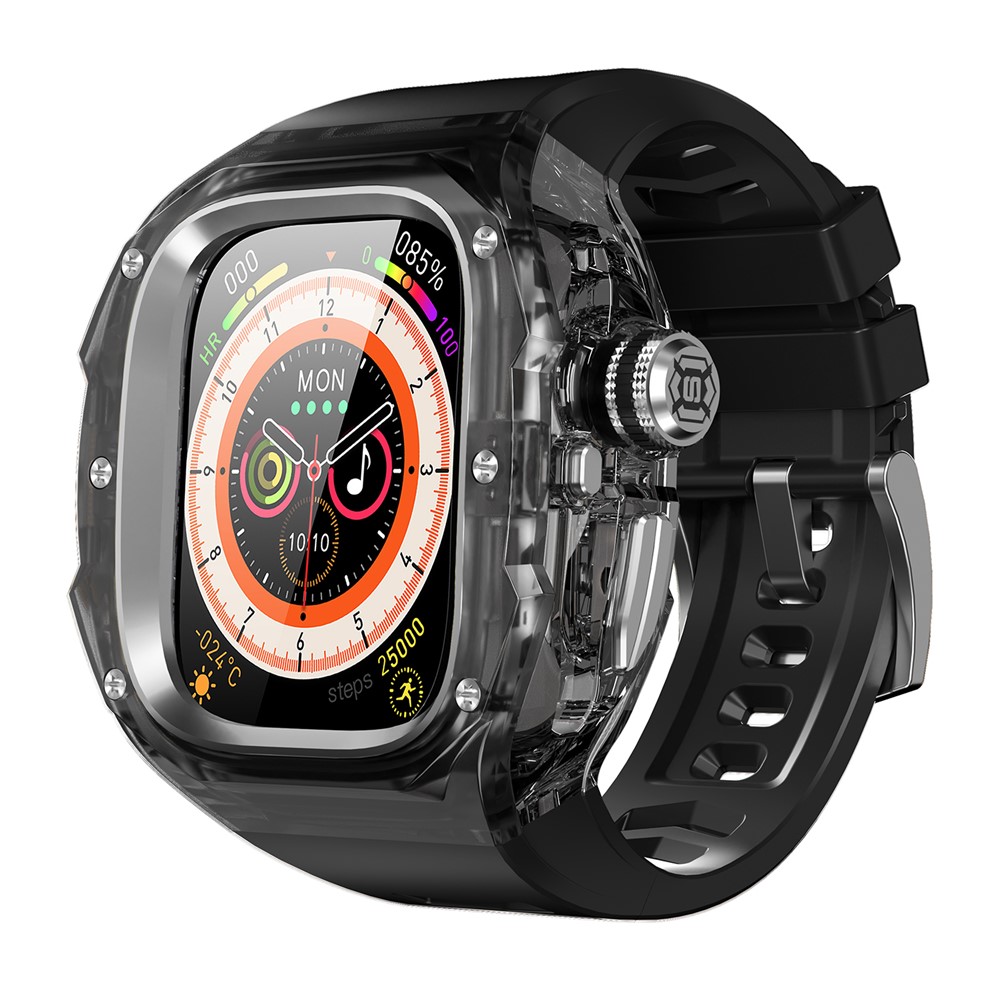 Silicone Strap for Apple Watch Ultra 3 2 1 49mm Sports Watch Band with One-touch Open PC Watch Case - Transparent Black+Steel+Black