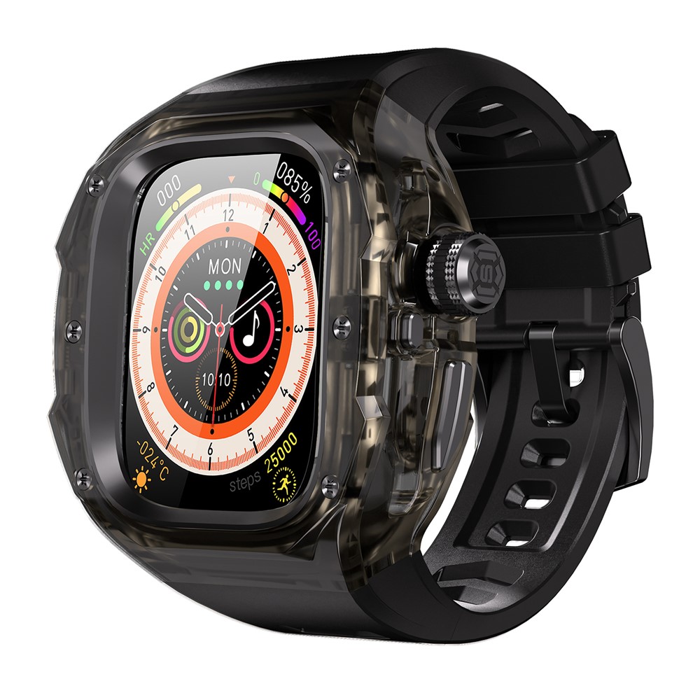 Silicone Strap for Apple Watch Ultra 3 2 1 49mm Sports Watch Band with One-touch Open PC Watch Case - Transparent Black+Black+Black