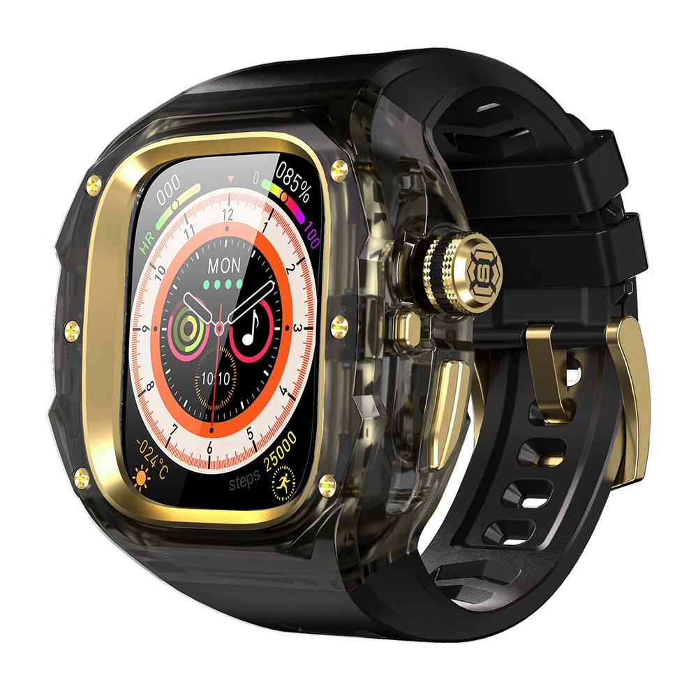 Silicone Strap for Apple Watch Ultra 3 2 1 49mm Sports Watch Band with One-touch Open PC Watch Case - Transparent Black+Gold+Black