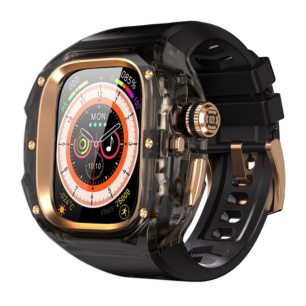 Silicone Strap for Apple Watch Ultra 3 2 1 49mm Sports Watch Band with One-touch Open PC Watch Case - Transparent Black+Rose Gold+Black