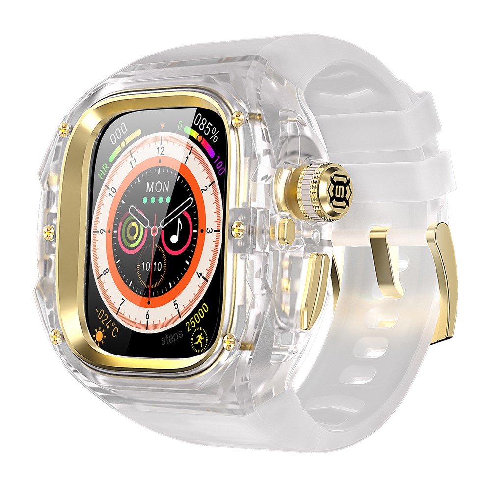 Silicone Strap for Apple Watch Ultra 3 2 1 49mm Sports Watch Band with One-touch Open PC Watch Case - Transparent+Gold+Milky White