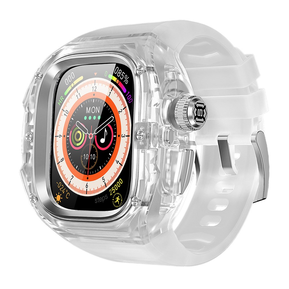 Silicone Strap for Apple Watch Ultra 3 2 1 49mm Sports Watch Band with One-touch Open PC Watch Case - Transparent+Steel+Milky White