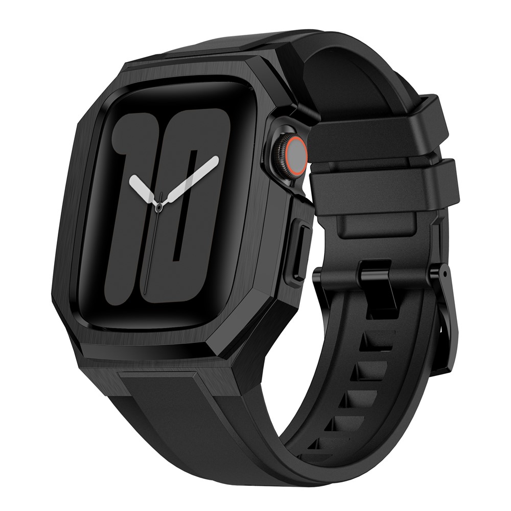 For Apple Watch Series 11 46mm / Series 10 46mm Stainless Steel Watch Case with Integrated Fluororubber Strap - Black