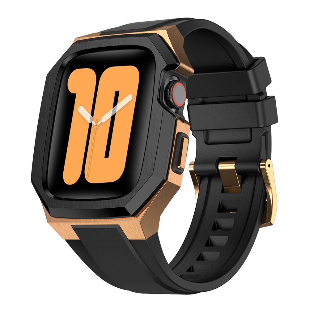 For Apple Watch Series 11 46mm / Series 10 46mm Stainless Steel Watch Case with Integrated Fluororubber Strap - Black  /  Rose Gold