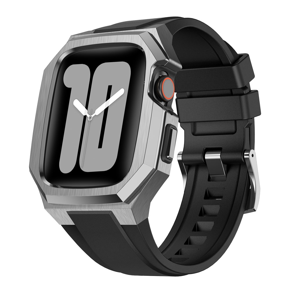 For Apple Watch Series 11 46mm / Series 10 46mm Stainless Steel Watch Case with Integrated Fluororubber Strap - Silver