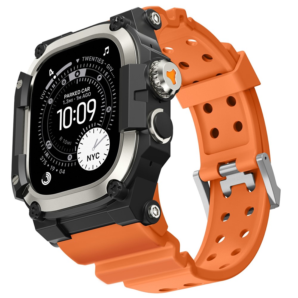 AHASTYLE WE39 Watch Band for Apple Watch Ultra 3 2 1 49mm Metal Frame Cover + TPU Breathable Wrist Strap - Orange Band+Titanium Frame