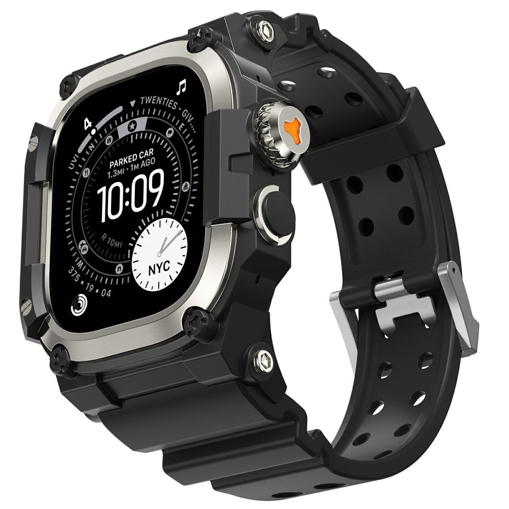 AHASTYLE WE39 Watch Band for Apple Watch Ultra 3 2 1 49mm Metal Frame Cover + TPU Breathable Wrist Strap - Black Band+Titanium Frame