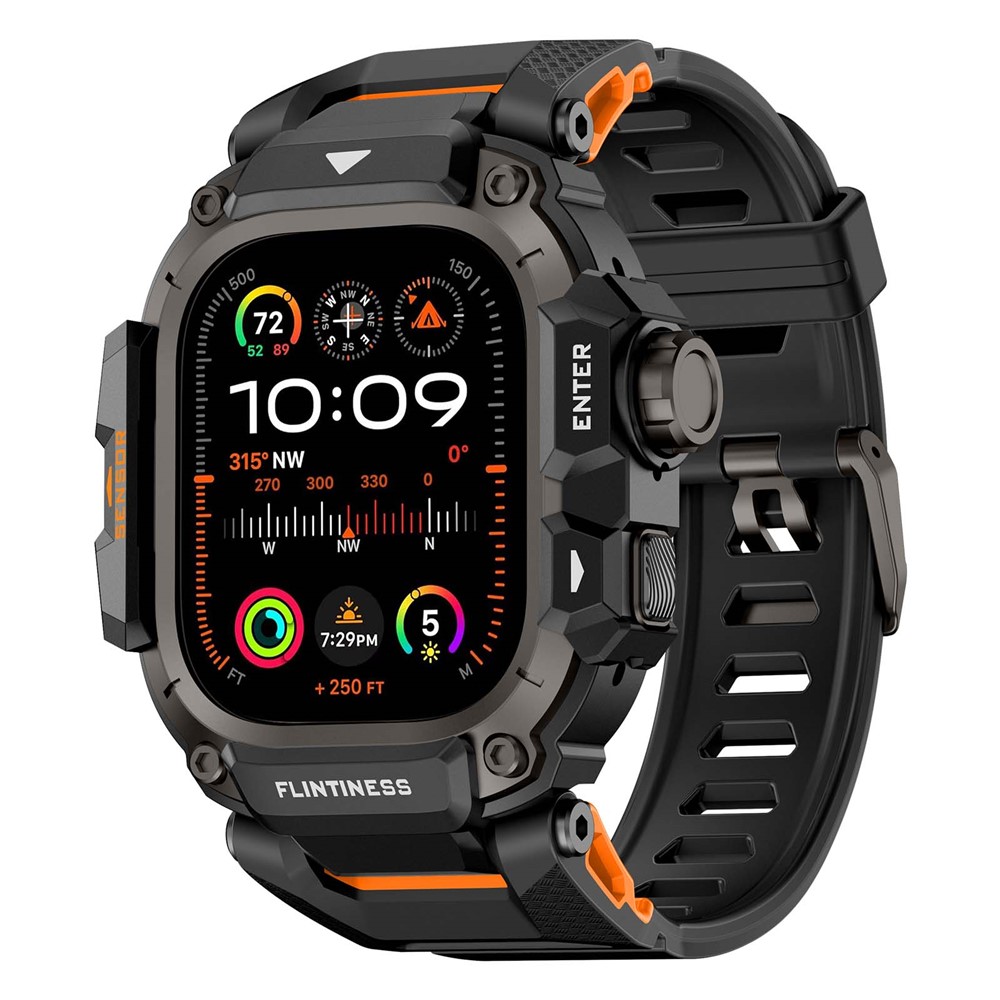Rugged Watch Case with Strap for Apple Watch Ultra 3 49mm / Ultra 2 49mm / Ultra 49mm Silicone Band Protective Cover - Black+Orange