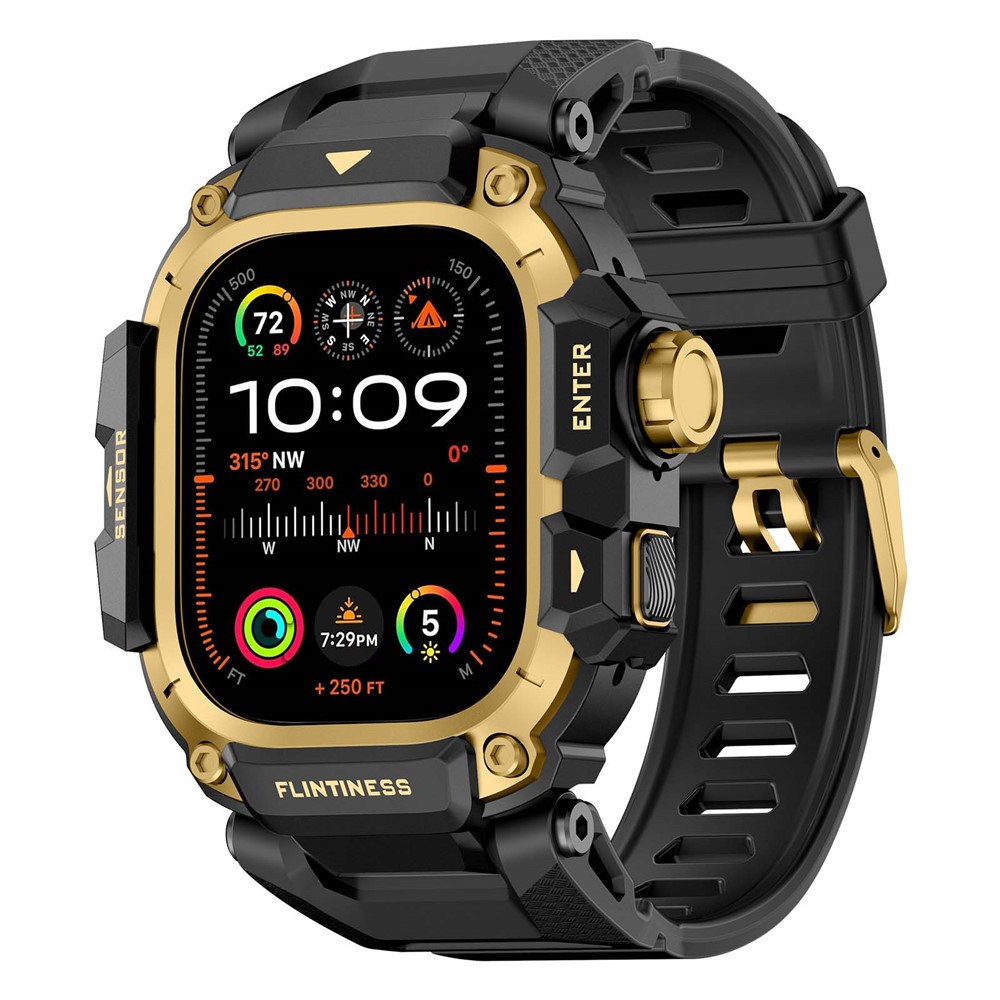 Rugged Watch Case with Strap for Apple Watch Ultra 3 49mm / Ultra 2 49mm / Ultra 49mm Silicone Band Protective Cover - Black+Gold