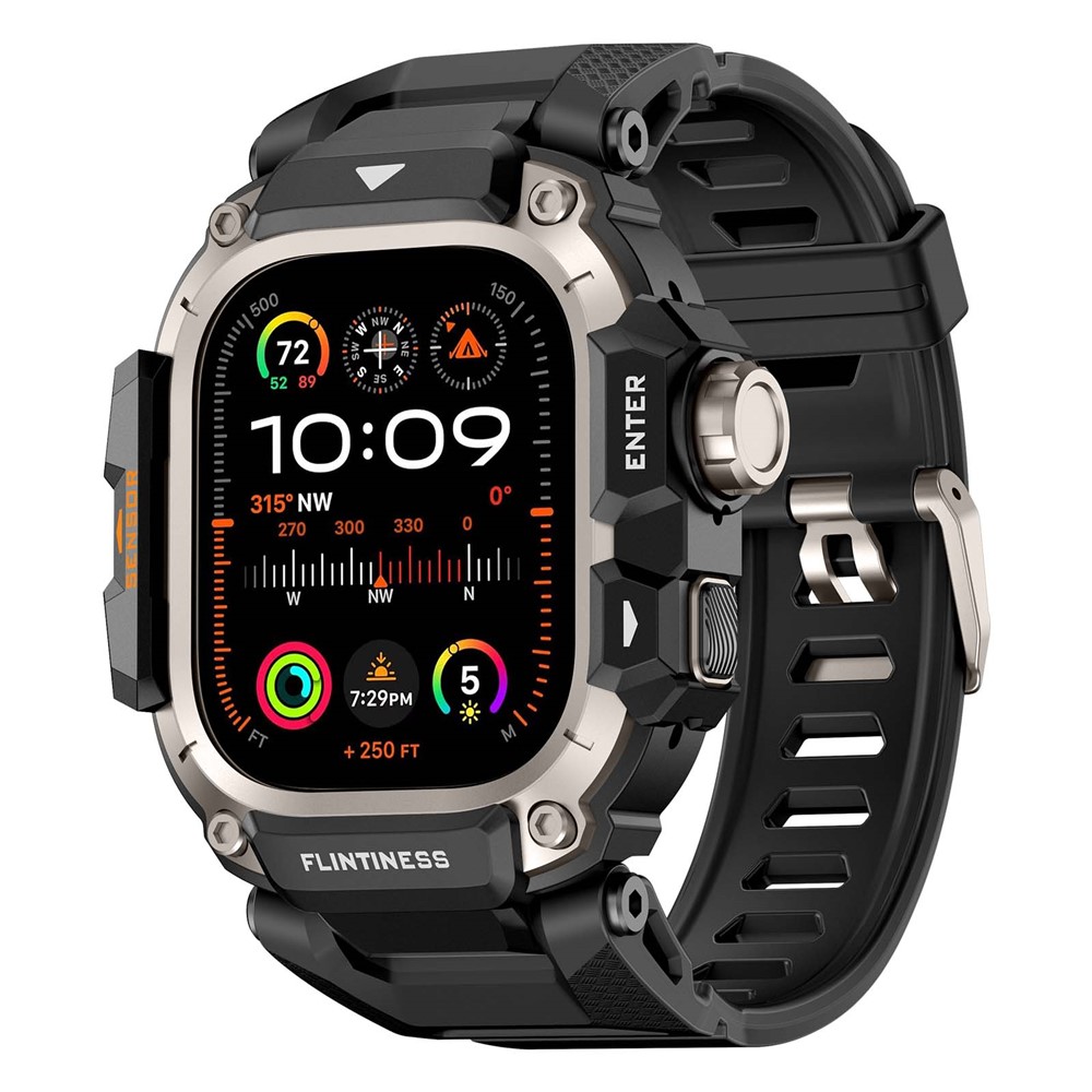 Rugged Watch Case with Strap for Apple Watch Ultra 3 49mm / Ultra 2 49mm / Ultra 49mm Silicone Band Protective Cover - Titanium+Black