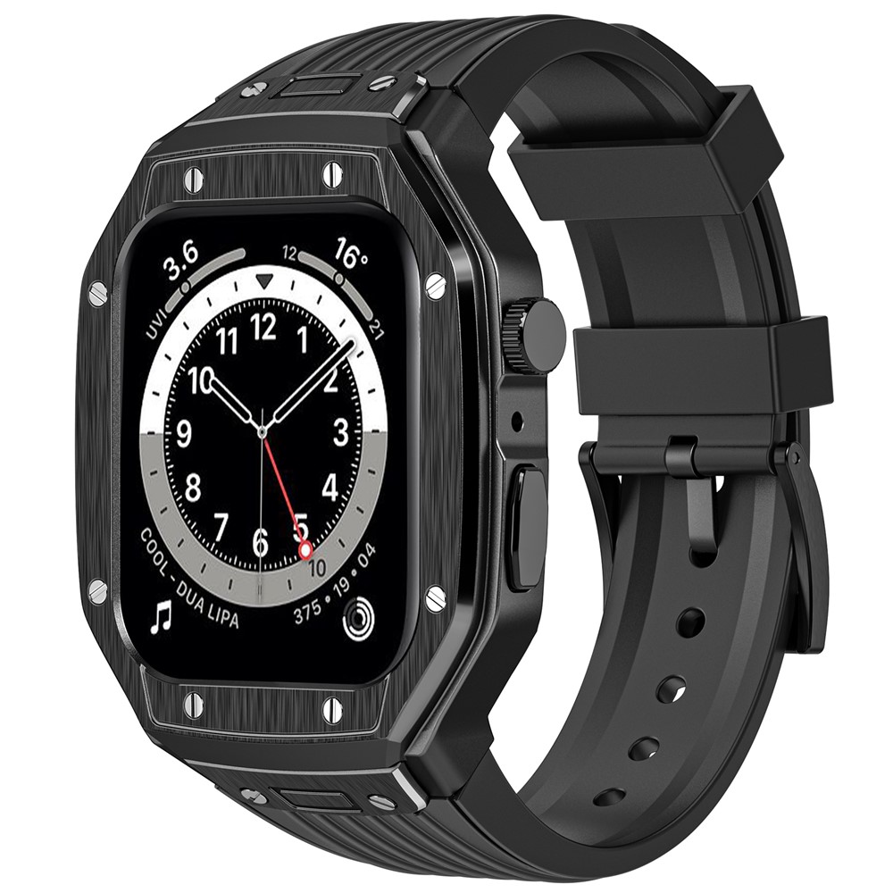 AHASTYLE WE27 Watch Band for Apple Watch Series 9 8 7 45mm / SE3 SE2 SE 6 5 4 44mm PC+TPU Integrated Strap with Aluminum Alloy Protective Case - Black+Black