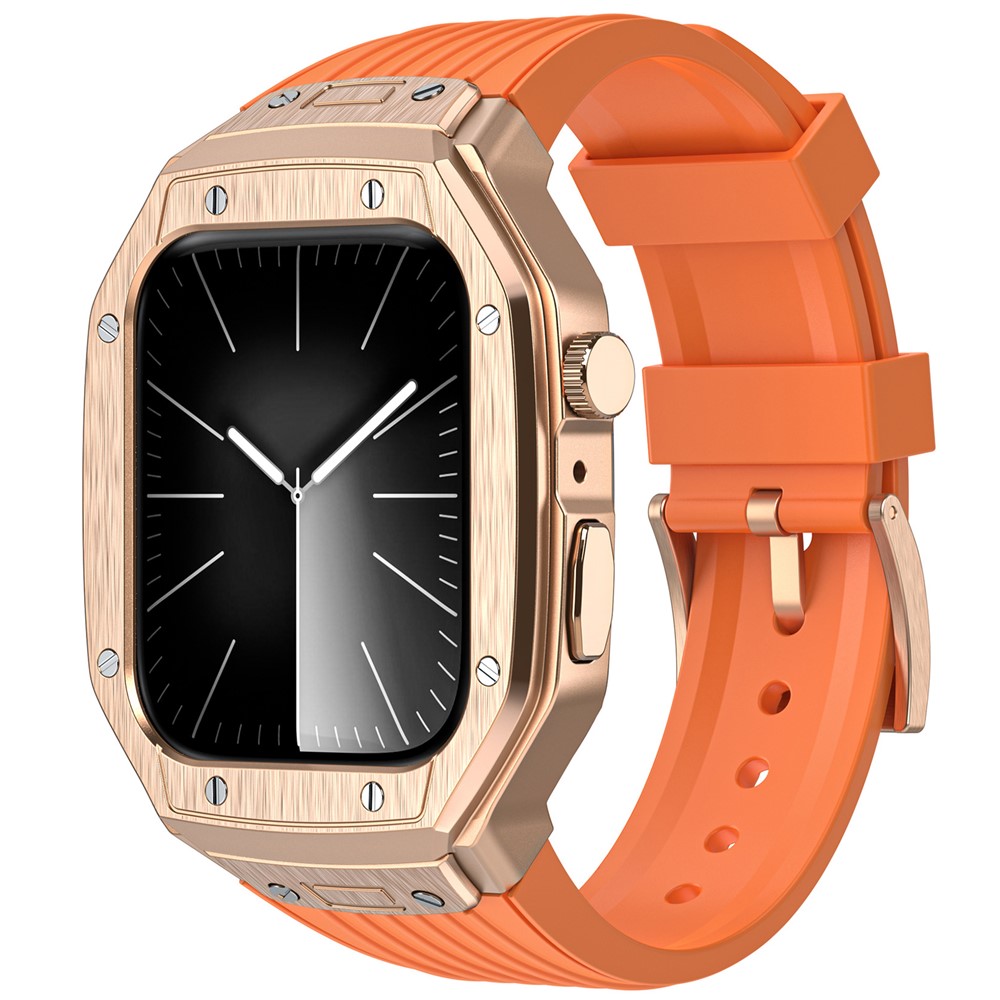 AHASTYLE WE27 Watch Band for Apple Watch Series 9 8 7 45mm / SE3 SE2 SE 6 5 4 44mm PC+TPU Integrated Strap with Aluminum Alloy Protective Case  - Rose Gold+Orange