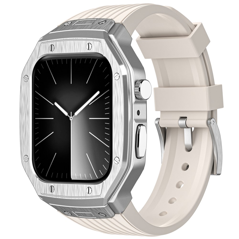 AHASTYLE WE27 Watch Band for Apple Watch Series 9 8 7 45mm / SE3 SE2 SE 6 5 4 44mm PC+TPU Integrated Strap with Aluminum Alloy Protective Case  - Silver+Starlight