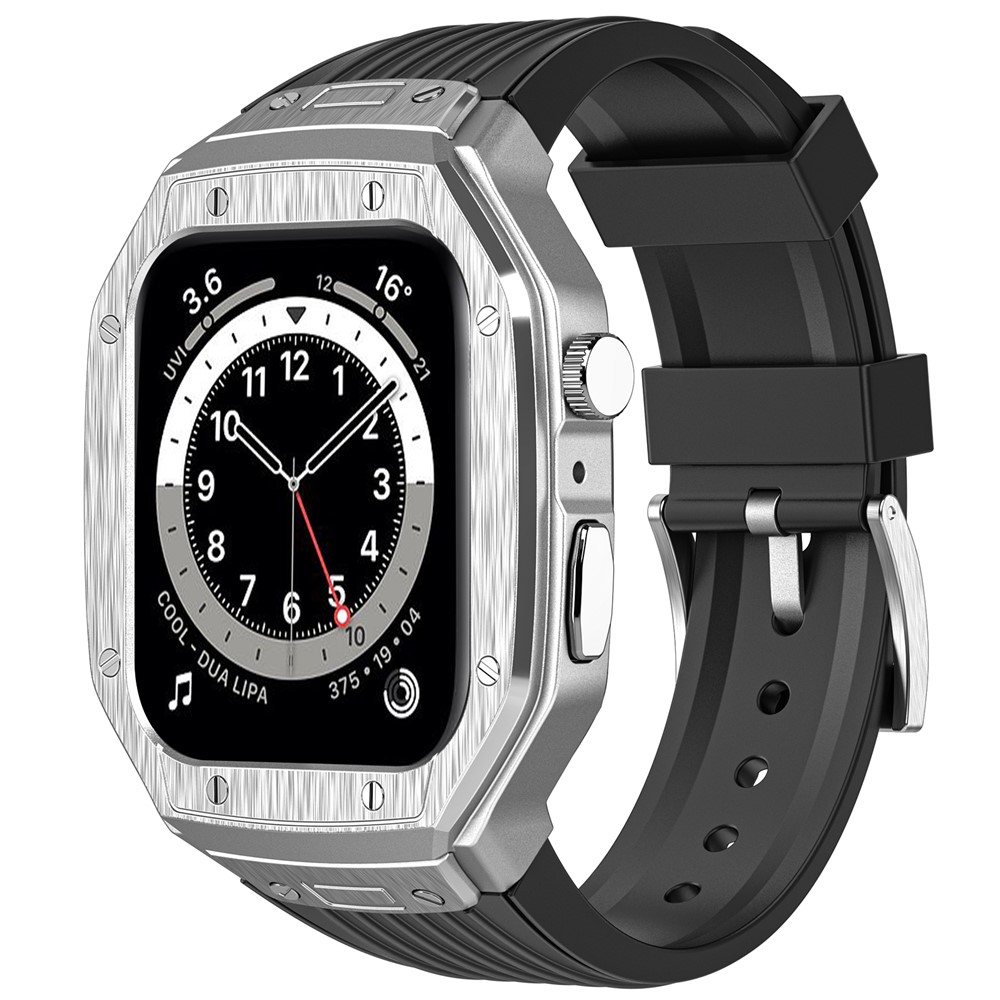 AHASTYLE WE27 Watch Band for Apple Watch Series 9 8 7 45mm / SE3 SE2 SE 6 5 4 44mm PC+TPU Integrated Strap with Aluminum Alloy Protective Case  - Silver+Black