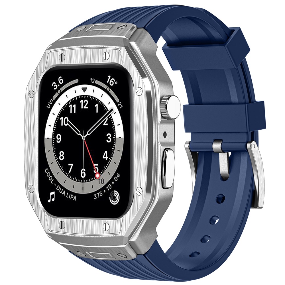 AHASTYLE WE27 Watch Band for Apple Watch Series 9 8 7 45mm / SE3 SE2 SE 6 5 4 44mm PC+TPU Integrated Strap with Aluminum Alloy Protective Case - Silver+Blue