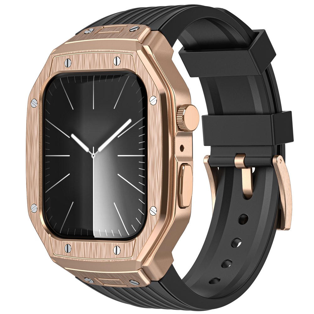 AHASTYLE WE27 Watch Band for Apple Watch Series 9 8 7 45mm / SE3 SE2 SE 6 5 4 44mm PC+TPU Integrated Strap with Aluminum Alloy Protective Case - Rose Gold+Black