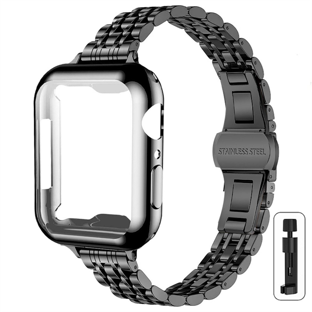 For Apple Watch Series 11 10 42mm Band 7-Bead Stainless Steel Strap with Full Coverage TPU Watch Case and Removal Tool - Black