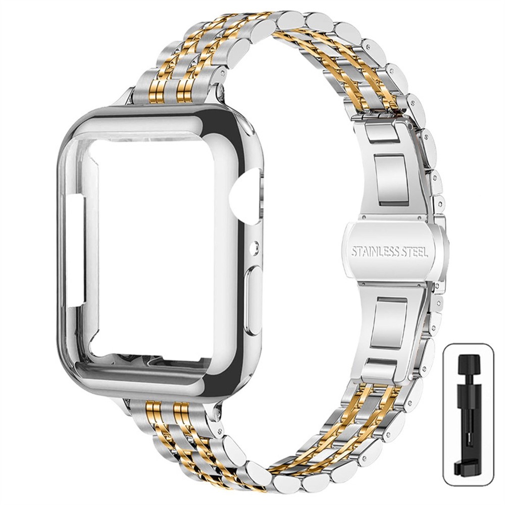 For Apple Watch Series 11 10 42mm Band 7-Bead Stainless Steel Strap with Full Coverage TPU Watch Case and Removal Tool - Silver / Gold