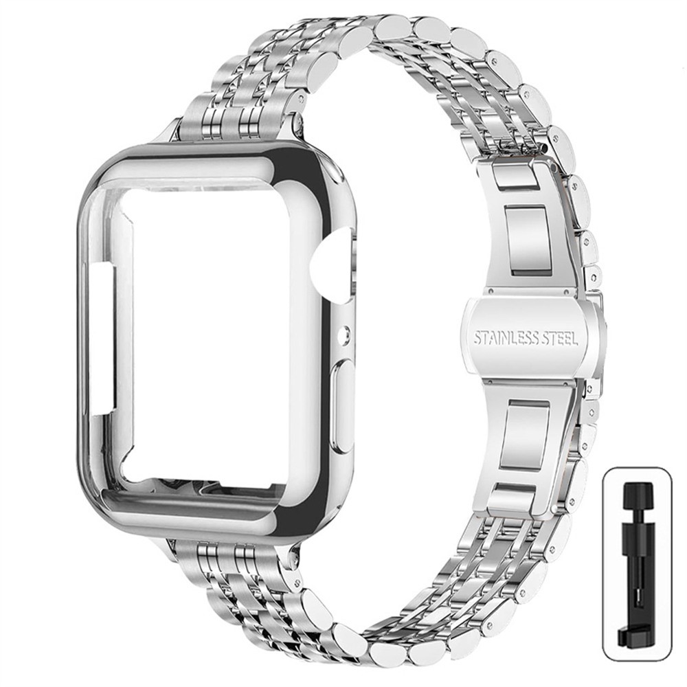 For Apple Watch Series 11 10 42mm Band 7-Bead Stainless Steel Strap with Full Coverage TPU Watch Case and Removal Tool - Silver