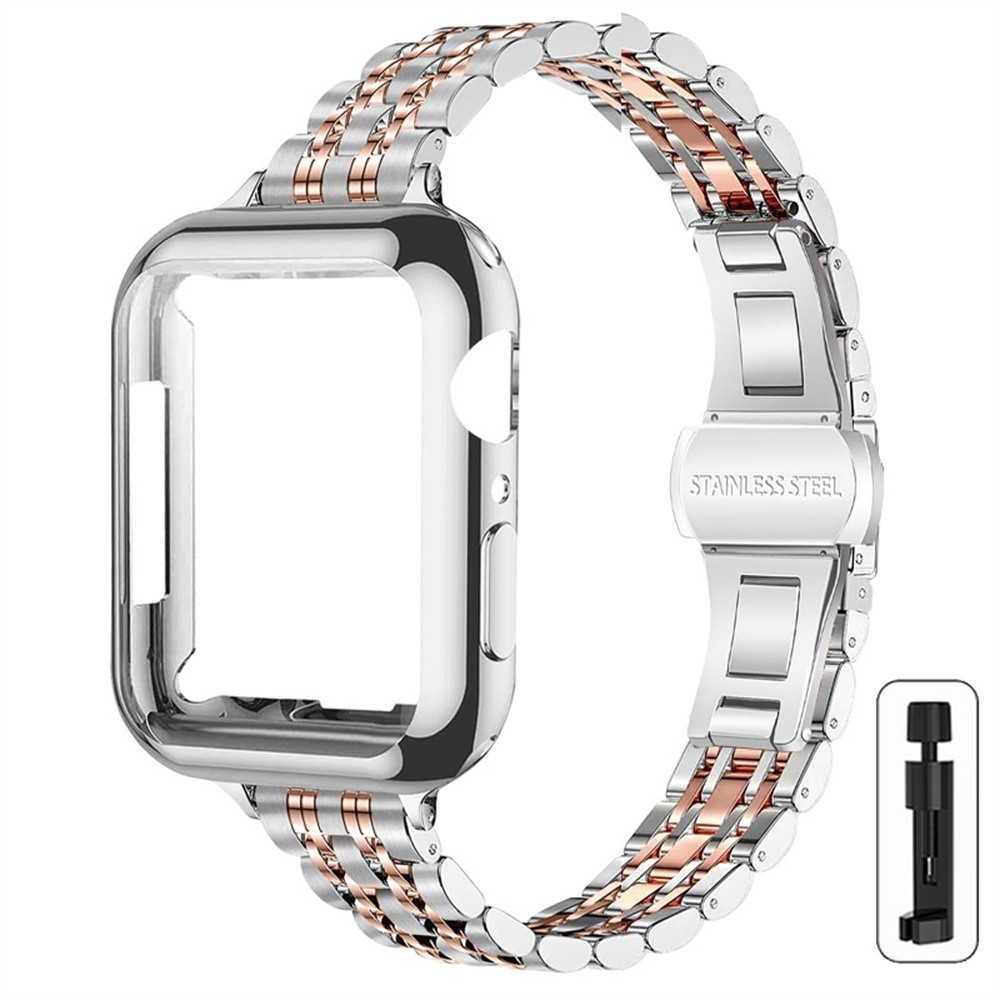 For Apple Watch Series 11 10 46mm Band 7-Bead Stainless Steel Strap with Full Coverage TPU Watch Case and Removal Tool - Silver / Rose Gold