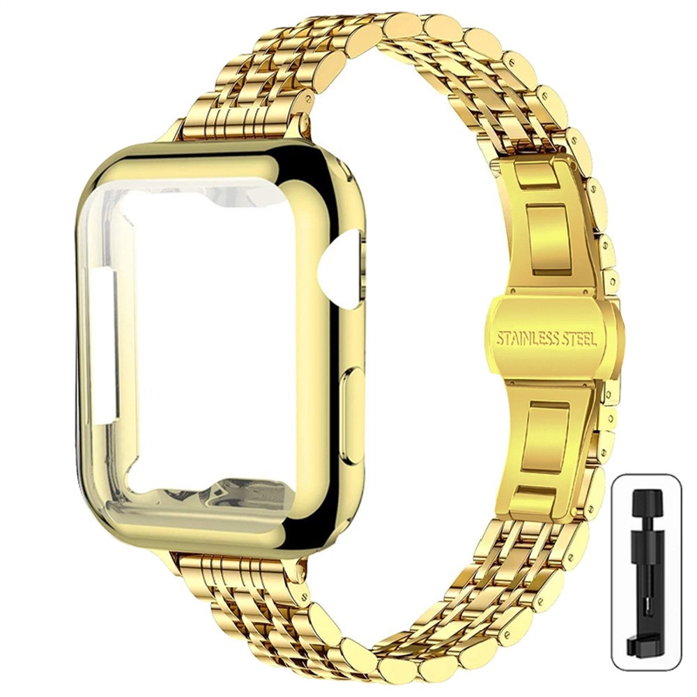 For Apple Watch Series 11 10 46mm Band 7-Bead Stainless Steel Strap with Full Coverage TPU Watch Case and Removal Tool - Gold