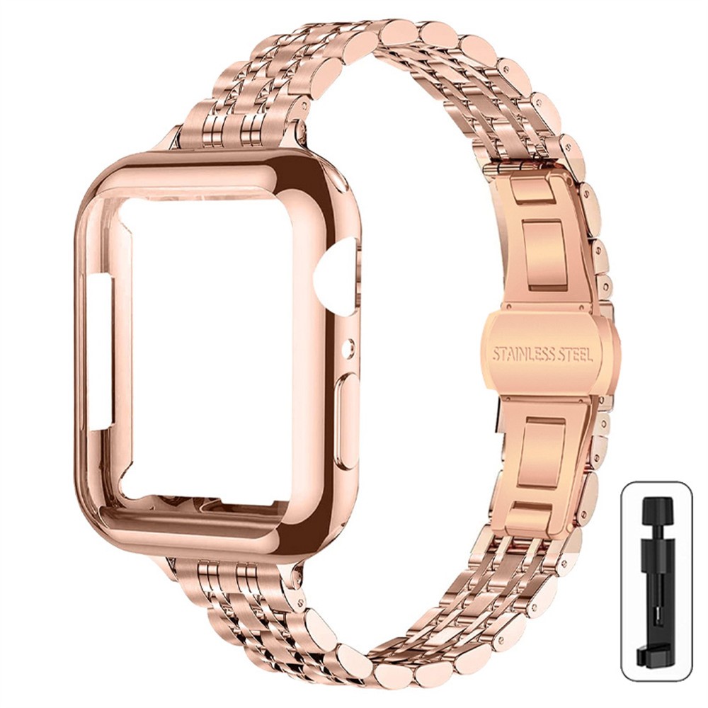 For Apple Watch Series 11 10 46mm Band 7-Bead Stainless Steel Strap with Full Coverage TPU Watch Case and Removal Tool - Rose Gold