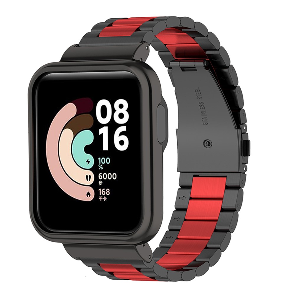 Three Beads 304 Stainless Steel Watch Band Strap with Watch Case Protector for Xiaomi Redmi Watch / Mi Watch Lite - Black/Red/Black-2