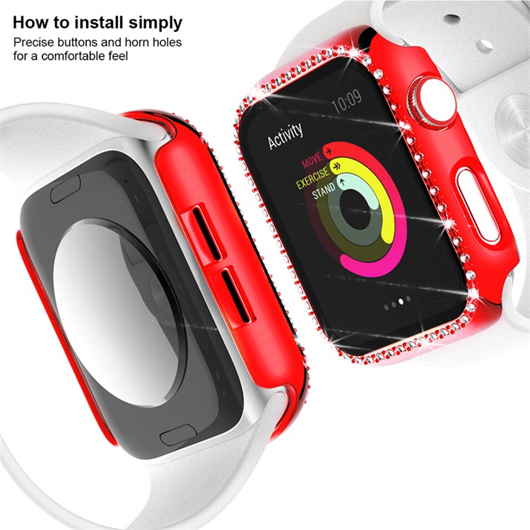 Single Row Rhinestone Decorative PC Watch Case Cover + Tempered Glass Screen Protector for Apple Watch Series 3/2/1 42mm - Red-2