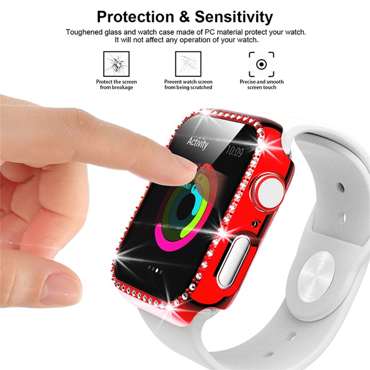 Single Row Rhinestone Decorative PC Watch Case Cover + Tempered Glass Screen Protector for Apple Watch Series 3/2/1 42mm - Red-3