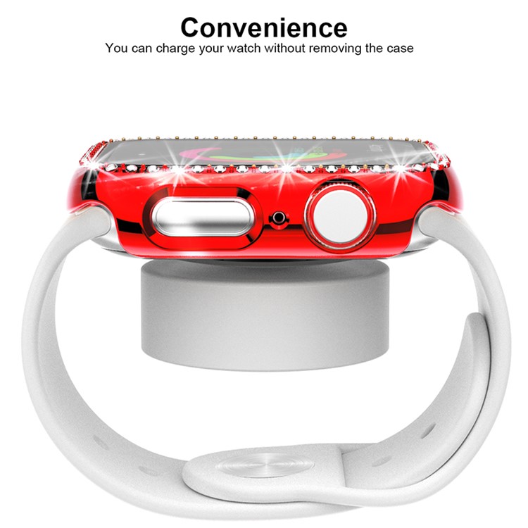 Single Row Rhinestone Decorative PC Watch Case Cover + Tempered Glass Screen Protector for Apple Watch Series 3/2/1 42mm - Red-4