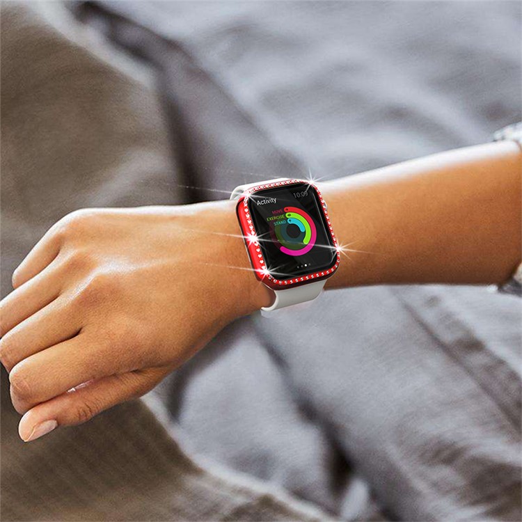 Single Row Rhinestone Decorative PC Watch Case Cover + Tempered Glass Screen Protector for Apple Watch Series 3/2/1 42mm - Red-6