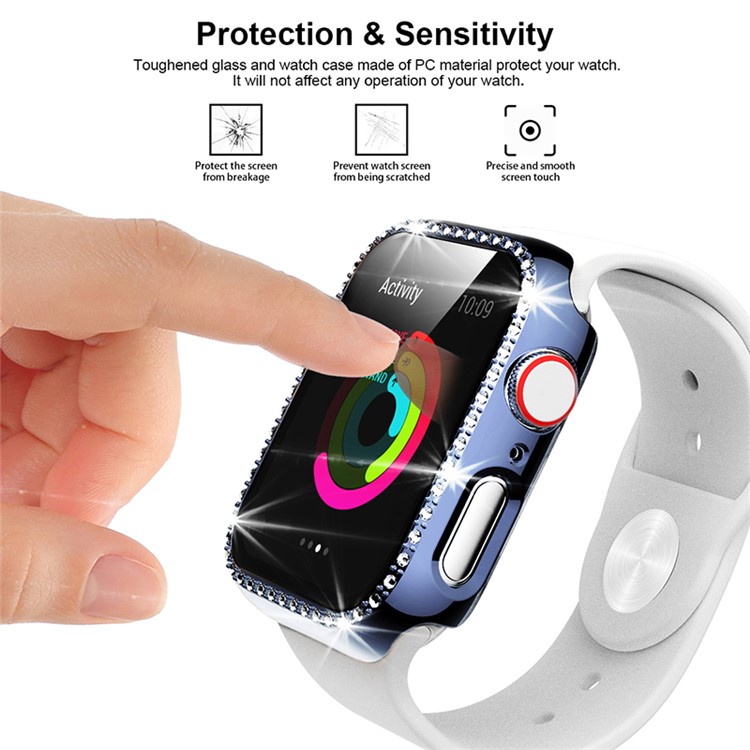 Single Row Rhinestone Decorative PC Watch Case Cover + Tempered Glass Screen Protector for Apple Watch Series 3/2/1 42mm - Blue-3