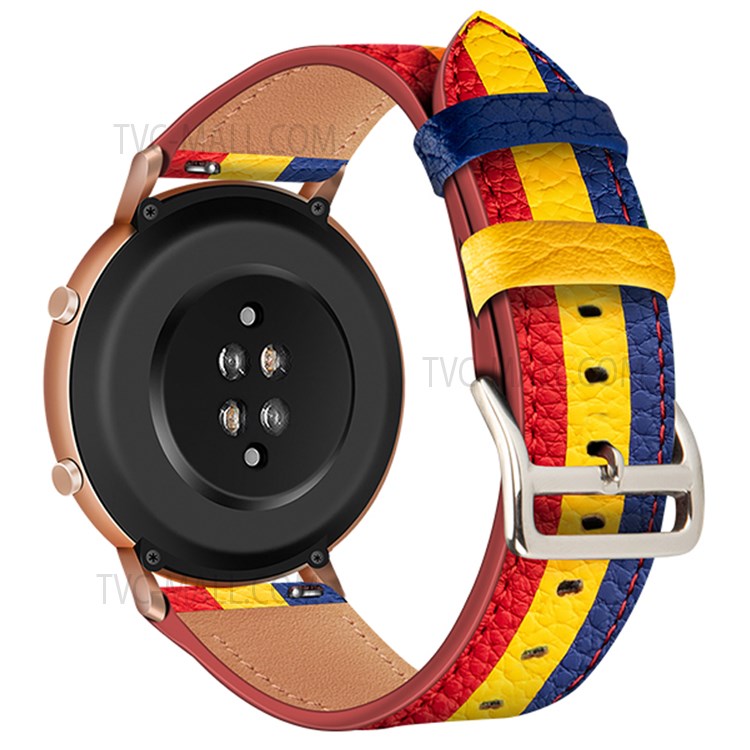 Stripe Splicing Stylish 20mm Top Layer Genuine Leather Wrist Band Watch Strap for Huawei Watch GT2 42mm / Huami Amazfit GTS 3 - Red/Yellow/Blue-1