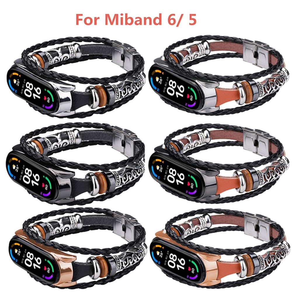 Retro Ethnic Style Smart Watch Wrist Band Strap Beaded Bracelet for Xiaomi Mi Band 5/6 - Brown/Silver-5