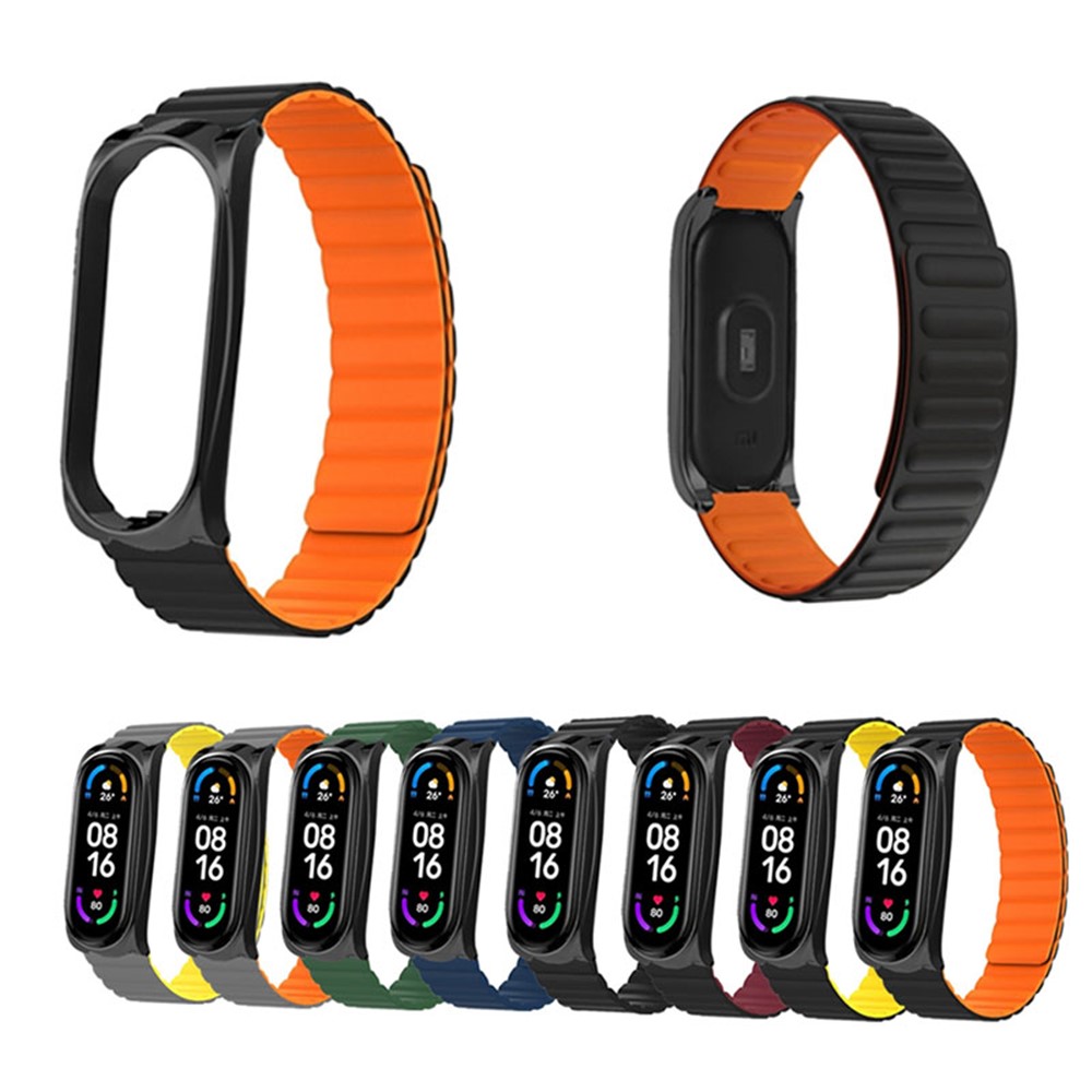Soft Silicone Magnetic Watch Band Strap + Watch Case Cover Replacement for Xiaomi Mi Band 5/6 - Black/Orange-4