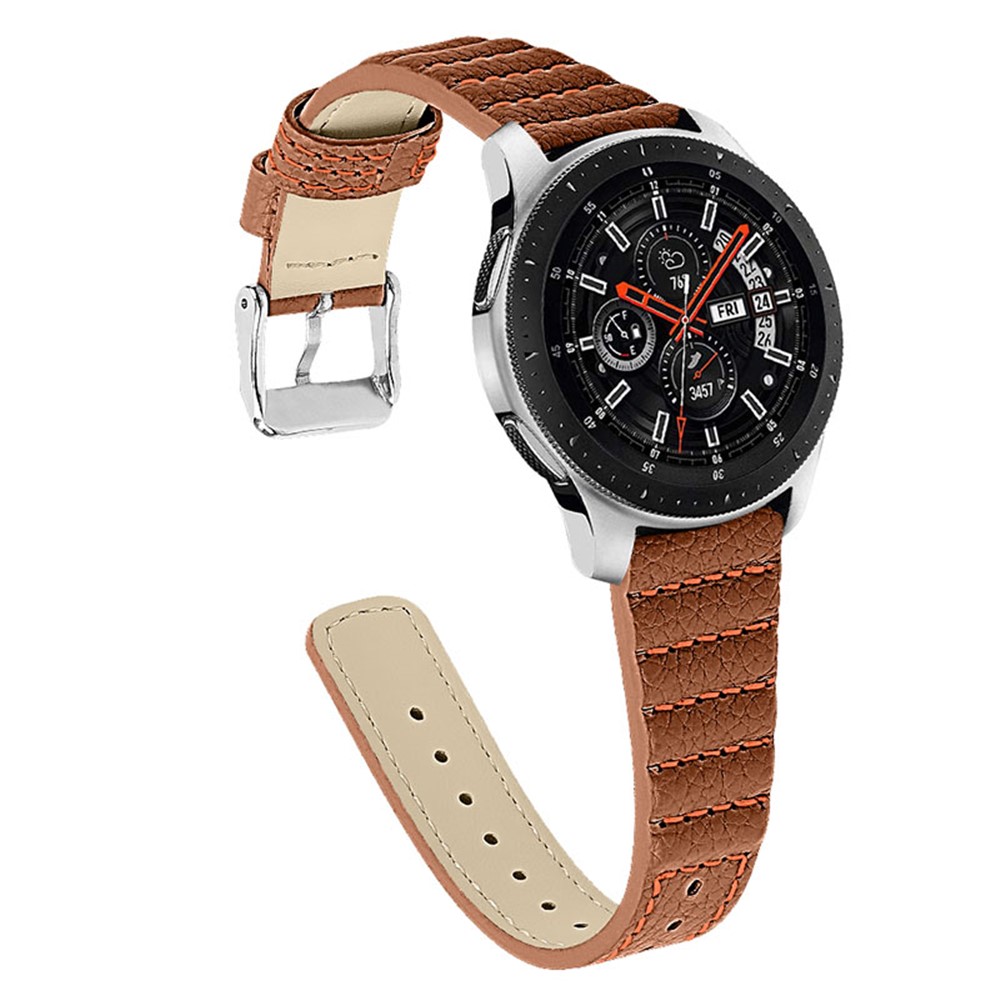 22mm Wave Stitching Lines Smart Watch Strap Top Layer Genuine Leather Replacement Smart Bracelet Strap for Samsung Galaxy Watch3 45mm / Samsung Galaxy Watch 46mm - Brown-1