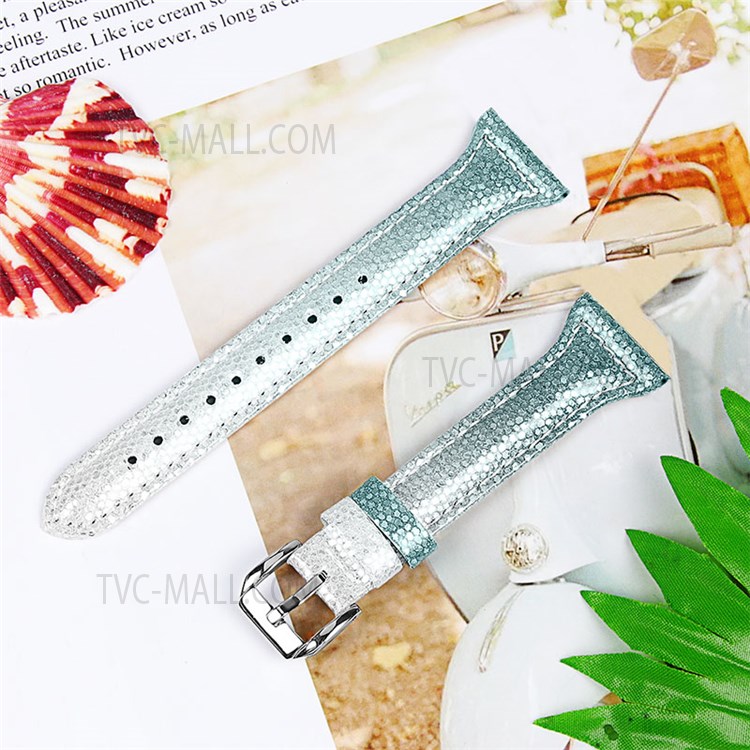Glitter Sequins Gradient Color Cowhide Leather Watch Band Wristband Strap for Samsung Galaxy Watch4 Classic 42mm 46mm/Galaxy Watch Active/Galaxy Watch Active2 40mm 44mm - Silver/Green-3