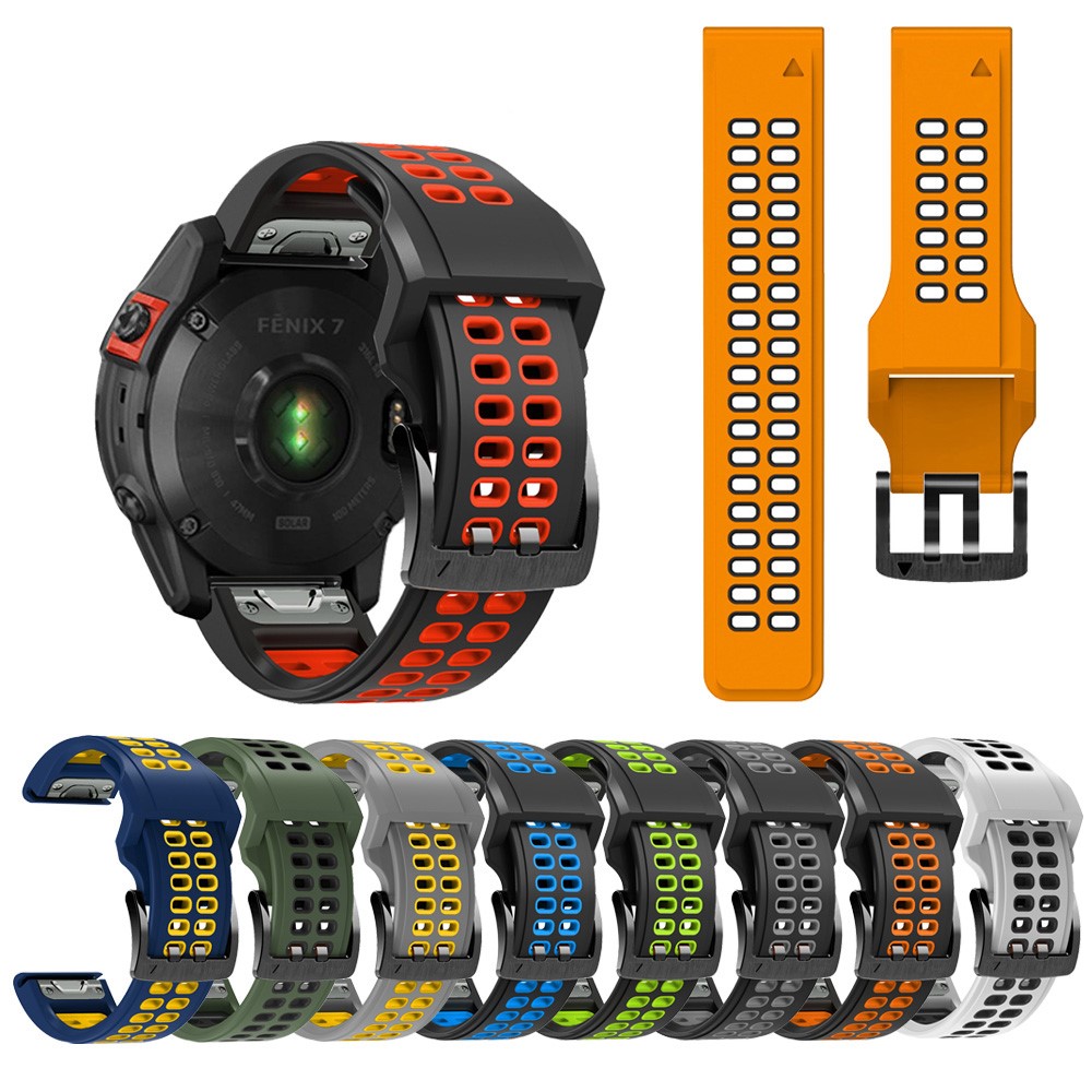 Para Garmin Fenix ​​7x Doual Color Dos Filas Holes Silicona Reloje Reloj Reloj Banda Muñeca Strap 26mm - Negro / Naranja