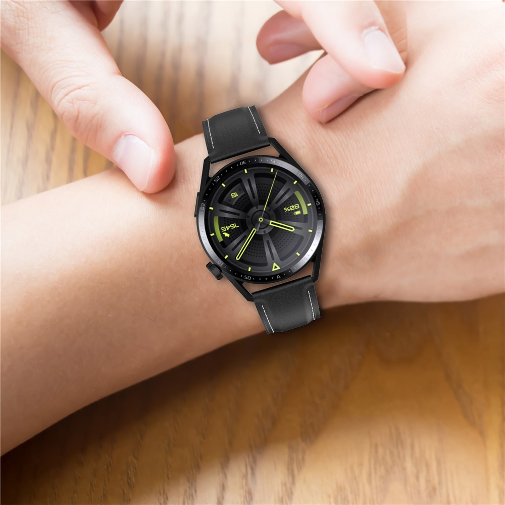 For Huawei Watch GT/Samsung Gear S3/Galaxy Watch 46mm Smart Watch Band 22mm  Universal Stitching Line First Layer Cowhide Solid Color Strap -  Black-TVC-Mall.com