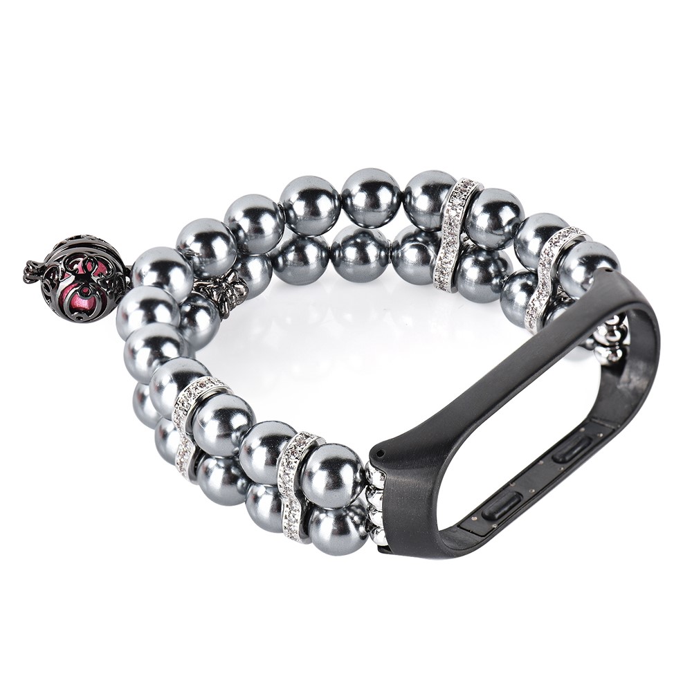 For Xiaomi Mi Band 5/6 Double Rows Faux Pearl Bracelet Wrist Strap Smart Watch Band with Metal Ball Decor - Black-4