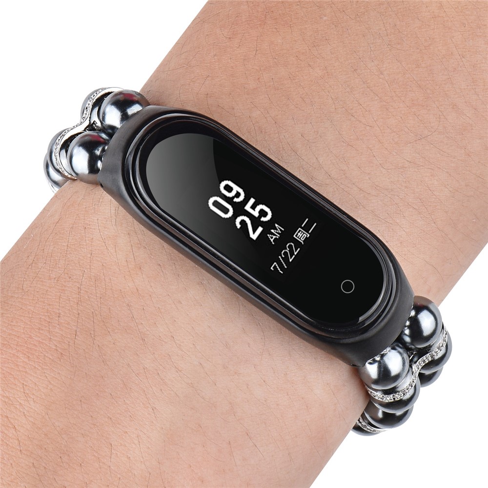 For Xiaomi Mi Band 5/6 Double Rows Faux Pearl Bracelet Wrist Strap Smart Watch Band with Metal Ball Decor - Black-7