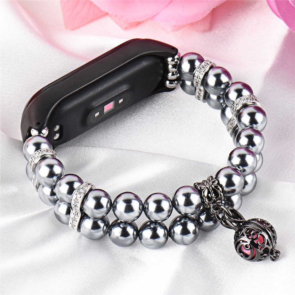 For Xiaomi Mi Band 5/6 Double Rows Faux Pearl Bracelet Wrist Strap Smart Watch Band with Metal Ball Decor - Black-8