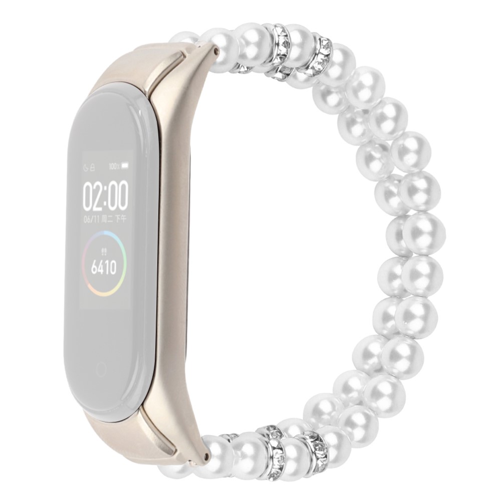 For Xiaomi Mi Band 3/4 Double Rows Pearls Watch Band Bracelet Replacement Strap - White-1